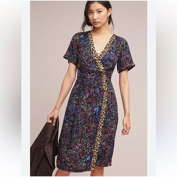 ANTHROPOLOGIE Maeve Morgan Black Floral + Leopard Print V-Neck Dress size 0 - Picture 2 of 10